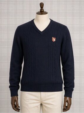 Vintage 90s Hathaway Men's Navy V-Neck Cable Knit Sweater Golf